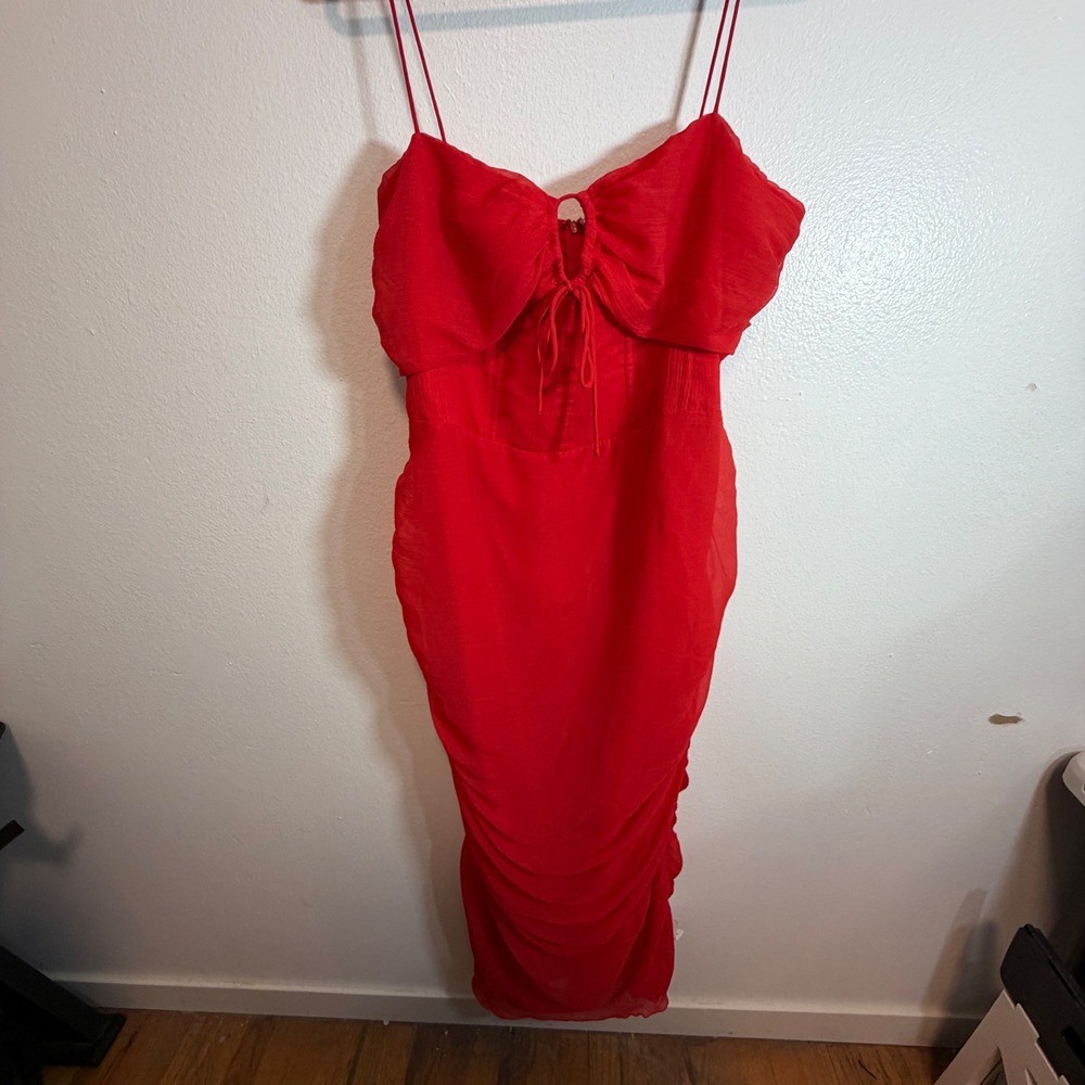 ASOS DESIGN Tall Red Ruched Midi Dress Tie Front Spaghetti Strap 16 NWT